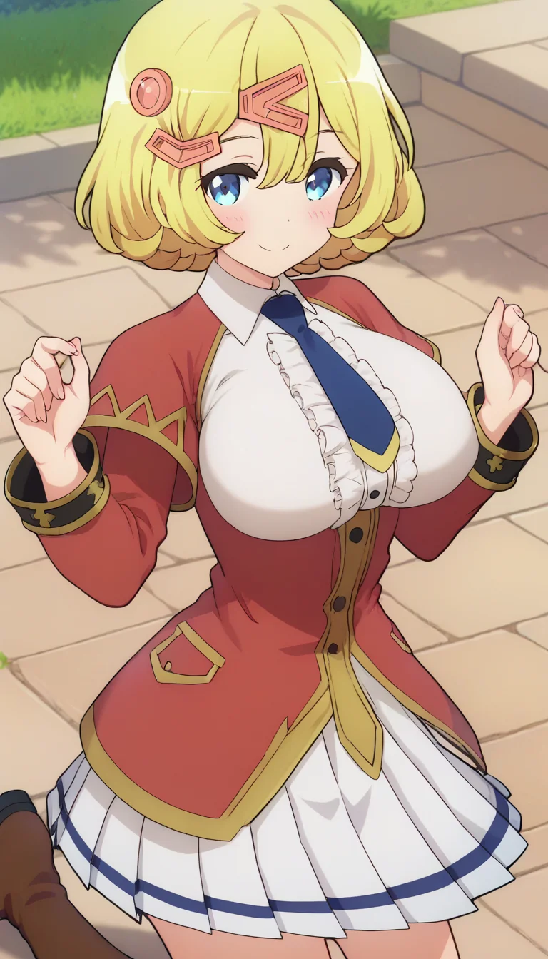 score_9,score_8_up,score_7_up,score_6_up BREAK official art,solo,outdoors,upper body,(portrait:1.5),looking at viewer,facing viewer,smile,blush,Esyne,short hair,blonde hair,hair ornament,hairclip,parted bangs,hair between eyes,blue eyes,red jacket,breasts out,blue necktie,short necktie,white shirt,collared shirt,center frills,short over long sleeves,layered sleeves,long sleeves,large breasts,underbust,miniskirt,white skirt,pleated skirt,thighs,knee boots,brown footwear,<lora:Esyne(ig)-Pony:1.8>,