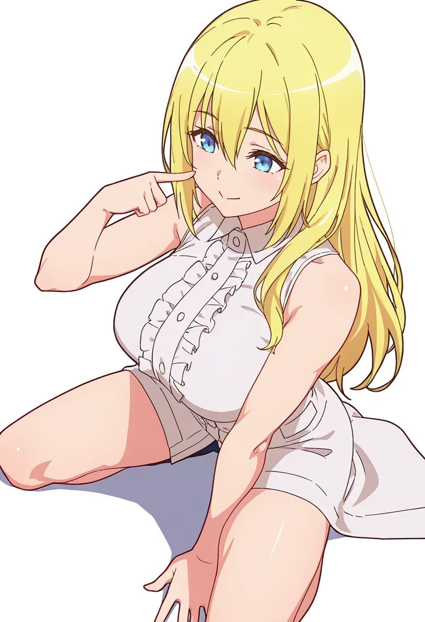 Smooth Quality,masterpiece,very intricate, high quality details, ultra realistic, high detailed skin,detailed enviorement,absurdres,
pointing at self,solo,
<lora:Enome_CNR:0.8> enome_cnr, blonde hair, blue eyes, long hair, large breasts, hair between eyes,, simple background, white background, sideways,
kneeling pose, one hand on the ground, other hand reaching forward, focused gaze, tense muscles, ,, c:,, doctor coat, ,sleeveless shirt, ,spats, ,