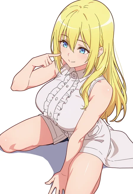 Smooth Quality,masterpiece,very intricate, high quality details, ultra realistic, high detailed skin,detailed enviorement,absurdres,
pointing at self,solo,
 <lora:Enome_CNR:0.8> enome_cnr, blonde hair, blue eyes, long hair, large breasts, hair between eyes,, simple background, white background, sideways,
kneeling pose, one hand on the ground, other hand reaching forward, focused gaze, tense muscles,  ,, c:,, doctor coat,  ,sleeveless shirt, ,spats, ,