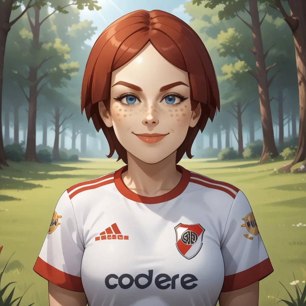 score_9, score_8, BREAK, solo, wii, mii, female mii, wii sports, 1girl, blue eyes, dark red hair, dark red eyebrows, lips, freckles, RiverPlate, striped shirt, striped, shirt, white shirt, short sleeves, clothes writing, sportswear, soccer uniform, nintendo mii, modern_mii, classic_mii, breasts, Giovanna_(Wii_Sports), adult female, mature female, sexy pose, self portrait, smile, outdoors, sunlight, shadows, evening lighting, natural lighting, forest, trees, grass, orange sky, sunset