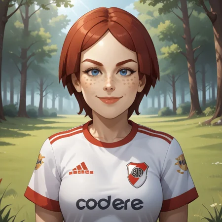 score_9, score_8, BREAK, solo, wii, mii, female mii, wii sports, 1girl, blue eyes, dark red hair, dark red eyebrows, lips, freckles, RiverPlate, striped shirt, striped, shirt, white shirt, short sleeves, clothes writing, sportswear, soccer uniform, nintendo mii, modern_mii, classic_mii, breasts, Giovanna_(Wii_Sports), adult female, mature female, sexy pose, self portrait, smile, outdoors, sunlight, shadows, evening lighting, natural lighting, forest, trees, grass, orange sky, sunset