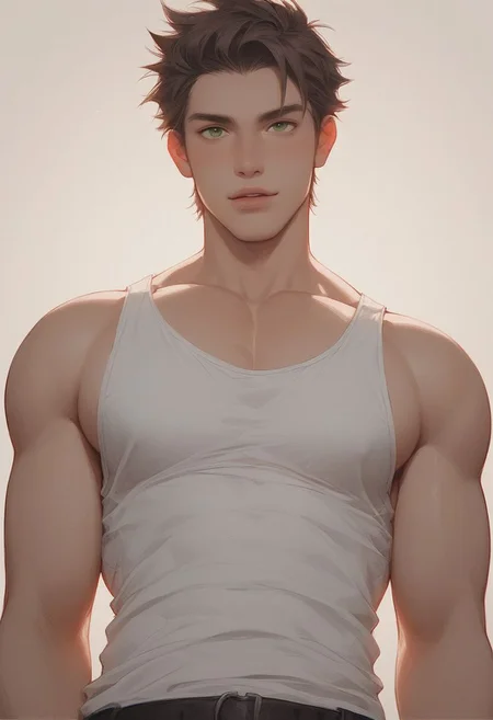 score_9, score_8_up, score_8, 1boy, 20 years old, handsome, horny, short brown hair, green eyes, Seductive look, white tank top hiked up over pecs, no pants, medium chest, one pec out, hold pecs, pov from below, lucy heartfilia, gay, homoerotic,