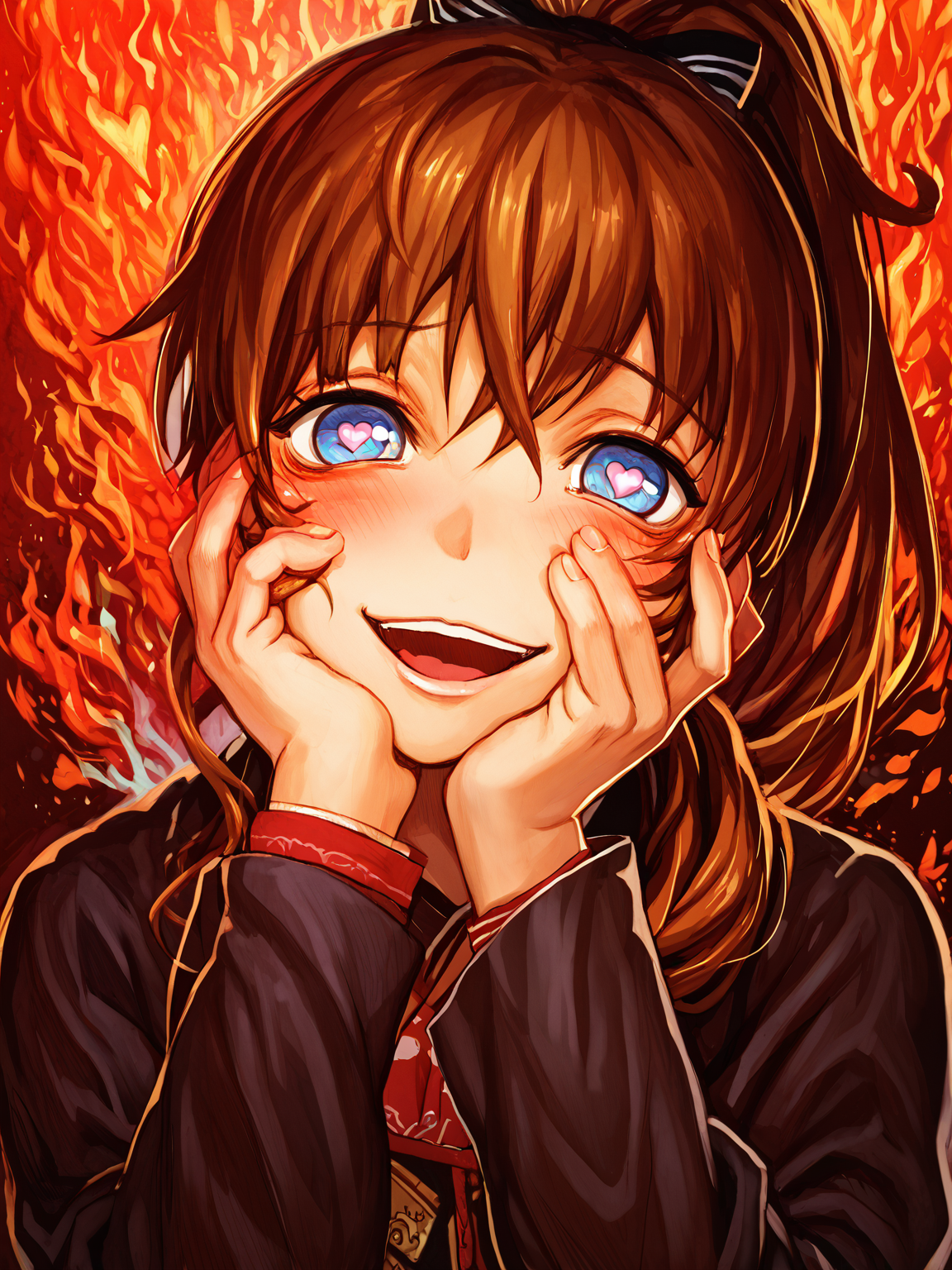 score_9, score_8_up, score_7_up, uncensored, BREAK, 1girl, <lora:yoshitoshi_ABe_Style_PDXLv1.1:0.8> abe yoshitoshi style, solo, brown hair, blue eyes, ponytail <lora:yandere-trance-ponyxl-lora-nochekaiser:1> yandere trance, yandere, hands on own cheeks, hands on own face, crazy eyes, crazy smile, crazy, heart-shaped pupils, glowing eyes, symbol-shaped pupils, hand on own face, open mouth, glowing, blush, looking at viewer,