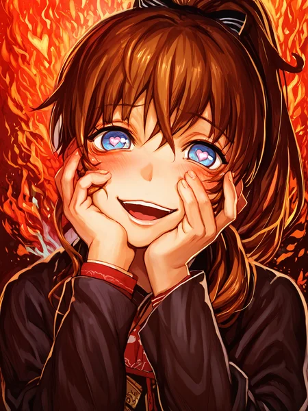 score_9, score_8_up, score_7_up, uncensored, BREAK, 1girl, <lora:yoshitoshi_ABe_Style_PDXLv1.1:0.8> abe yoshitoshi style, solo, brown hair, blue eyes, ponytail <lora:yandere-trance-ponyxl-lora-nochekaiser:1> yandere trance, yandere, hands on own cheeks, hands on own face, crazy eyes, crazy smile, crazy, heart-shaped pupils, glowing eyes, symbol-shaped pupils, hand on own face, open mouth, glowing, blush, looking at viewer,