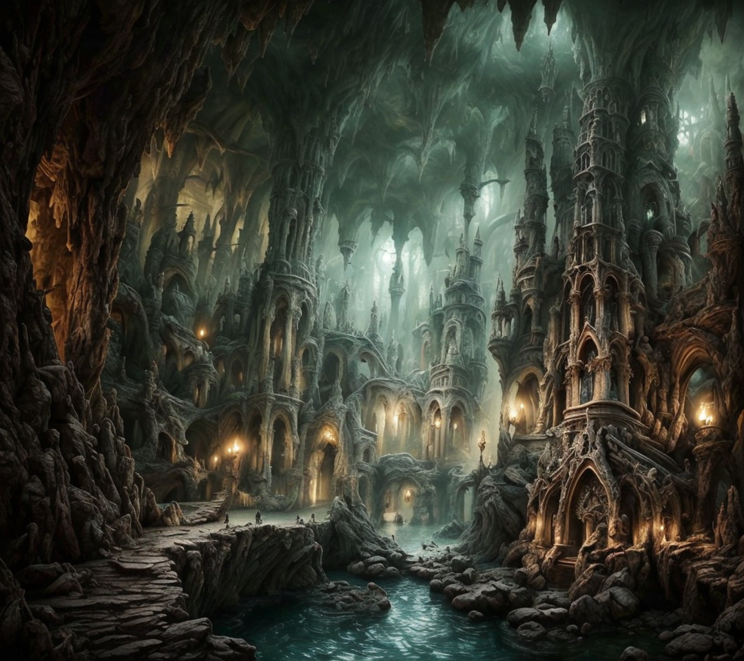 RAW photo, (masterpiece:1.3), subsurface scattering, heavy shadow, (high quality:1.4), (intricate, high detail:1.2), professional photography, HDR, High Dynamic Range, realistic, ultra realistic, photorealistic, high resolution, film photography, ambient lighting, atmospheric effects, <lora:detail_slider_v4:2>, OverallDetail,  DarkElves, bats, a fantasy castle with towers in a cave,  gothic architecture, spikes, <lora:DarkElves-10:1>, epiCPhoto