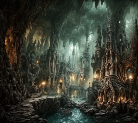 RAW photo, (masterpiece:1.3), subsurface scattering, heavy shadow, (high quality:1.4), (intricate, high detail:1.2), professional photography, HDR, High Dynamic Range, realistic, ultra realistic, photorealistic, high resolution, film photography, ambient lighting, atmospheric effects, <lora:detail_slider_v4:2>, OverallDetail, DarkElves, bats, a fantasy castle with towers in a cave, gothic architecture, spikes, <lora:DarkElves-10:1>, epiCPhoto