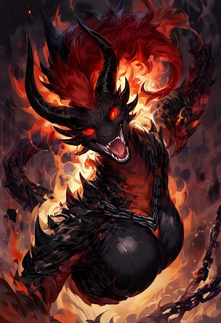 score_9, score_8_up, score_7_up, (Style-Volumetric:1.3), (4k quality, masterpiece, high resolution, more details), Floating, hanging in the air,, realistic, realistic anatomy, dark aura, 1 girl, female, female dragon, anthropomorphic dragon, dragon's head, full body, hyper realistic dragon head, spiked crest on the head, in full growth, hovering in the air, a dynamic pose, wearing black armor with a gold pattern, big black demonic wings on his back, black scales, predatory fiery red eyes, detailed eyes, vertical pupil, narrow pupil, black tears, four black horns on the head, (medium breast, natural breast), scales in cracks, (head tilt), head tilted back, shaft head tilt, open mouth, abstract background, glowing eyes, fangs, grin, tongue out, snake tongue, gloomy colors, dark aura, horror, a view from afar,