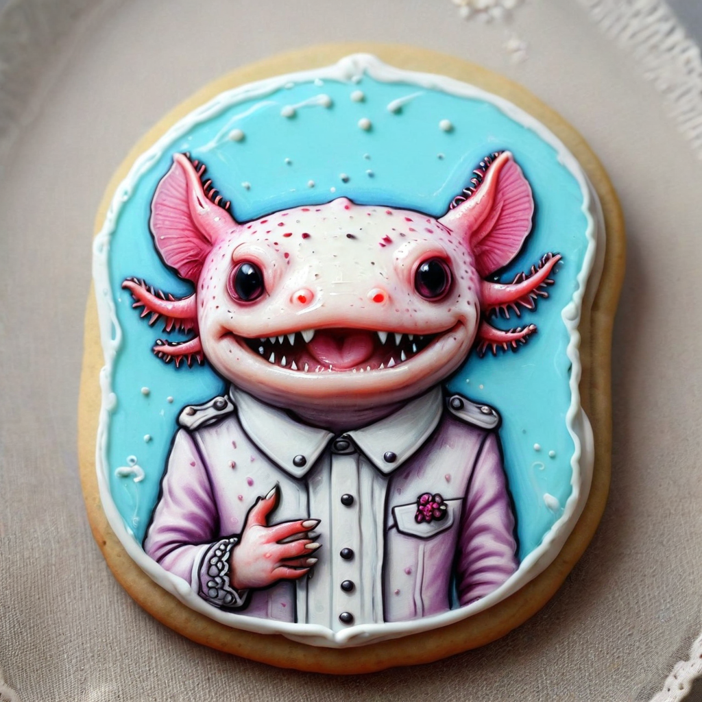 <lora:cookie:1>cookie art design,  <lora:Axomodelv2.1:1> happy axolotl cookie,