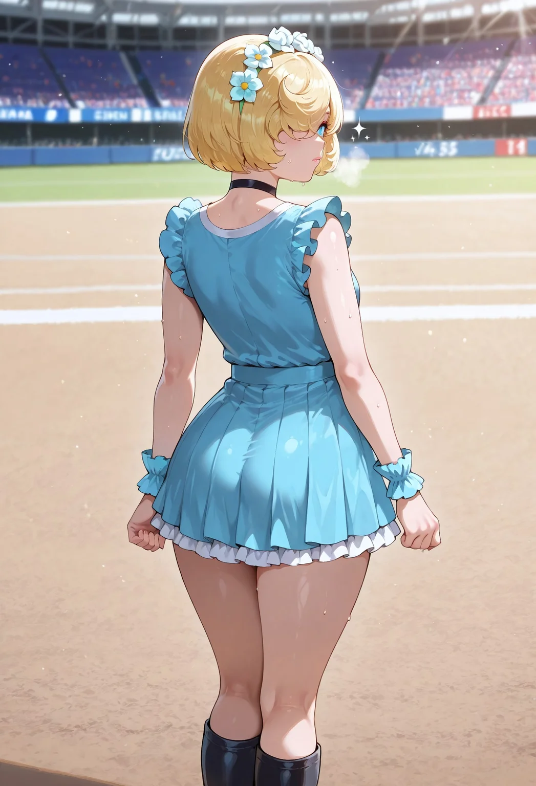 masterpiece, best quality, amazing quality, absurdres, (colorized:1.5),
1d0l_mask,1girl, solo, blonde hair, short hair, bob cut, bangs, hair over one eye, blue eyes, collarbone, small breasts, idol clothes, hair ornament, flower hairband, blue dress, sleeveless, blue skirt, miniskirt, frilled skirt, pleated skirt, blue wrist cuffs, black footwear, knee boots,
emotionless, sparkling aura, breathing, steam, sweatdrop, soccer field, ((from behind)),