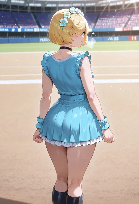 masterpiece, best quality, amazing quality, absurdres, (colorized:1.5),
1d0l_mask,1girl, solo, blonde hair, short hair, bob cut, bangs, hair over one eye, blue eyes, collarbone, small breasts, idol clothes, hair ornament, flower hairband, blue dress, sleeveless, blue skirt, miniskirt, frilled skirt, pleated skirt, blue wrist cuffs, black footwear, knee boots,
emotionless, sparkling aura, breathing, steam, sweatdrop, soccer field, ((from behind)),