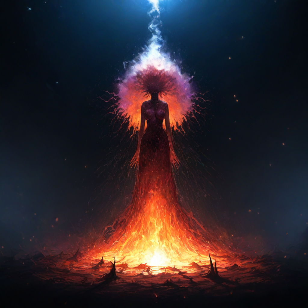 source_anime, cosmic scale, on the precipice of creation, eldritch, existential horror, in pain, suffering, consuming the cosmos, nebula burning, silver mist, galaxies colliding, 1girl, god of the universe holding a burning galaxy in her hands, (galaxy hair, stars in hair:1.2), focused light source, light source in hand, dramatic lighting, dark background, full body,