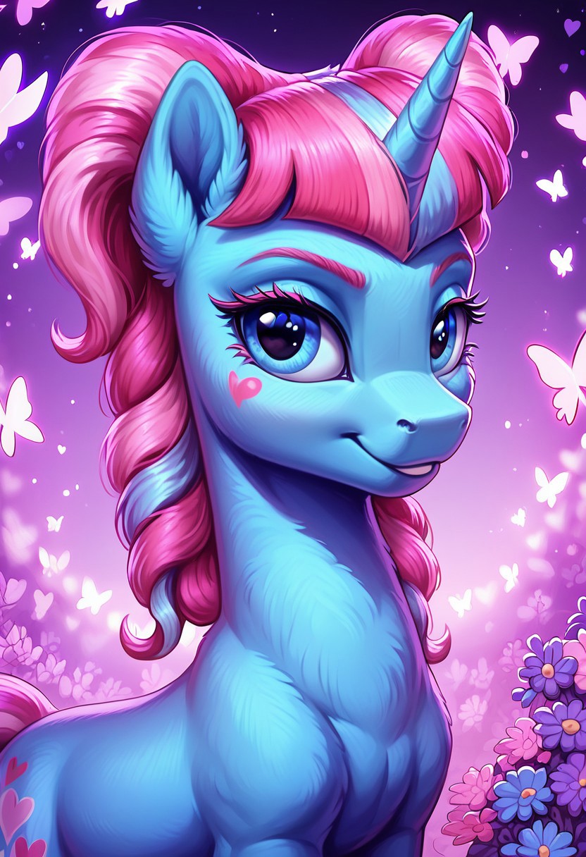 masterpiece, score_9, score_8_up, score_7_up, score_6_up, (best quality:1.1), ultra-detailed, high resolution, (UNICORN PONY)), (SOLO), (1GIRL), (FERAL PONY), ((KIWI LOLLIPOP), (pony nuzzle), ((detailed pink hair with light pink and blue stripe:1.5)), (highly detailed pony face), (highly detailed eyelashes:1.5), (beautiful detailed blue eyes), (detailed blue fur:1.5), (smirking), ((highly detailed purple pink heart shaped stage  background:1.5)), (purple pink flowers:1.5), (pink purple stage lights:1.5), (purple pink butterflies:1.5), high quality, sharp, the quality of ai art is frightening, highly detailed, Highly Visible, sharp focus, high detail, detailed background,