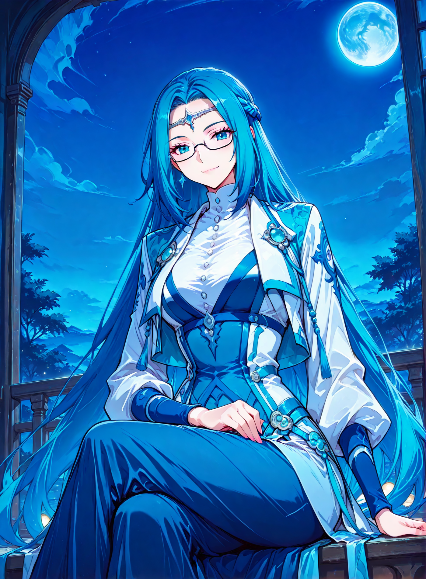 <lora:Ruo_Ling__Battle_Through_the_Heavens__Illustrious:1>
1 girl, solo, blue eyes, very long hair, blue hair, french braid, half updo, 
dress, long skirt, long sleeves, bottons, circlet, jewelry, glasses, semi-rimless eyewear,  
(Anime_source),Masterpiece,(perfect female body:1.2), small waist,(incredibly detailed:1.4), slim, smile, looking at viewer, sitting, crossed legs, night, blue sky, blue moon, <lora:iLLMythG0thicL1nes:1>
