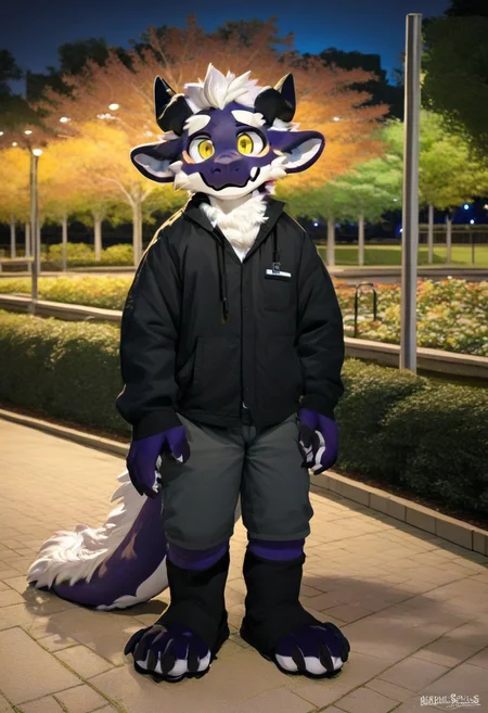 score_9_up, score_8_up, score_7_up, source_furry, mikus-sona, fursuit, furry focus, furry style, furry costume, anthropomorphic, anthro, yay, dragon boy, white eyebrows, yellow eyes, 1boy, solo, ((park, night))