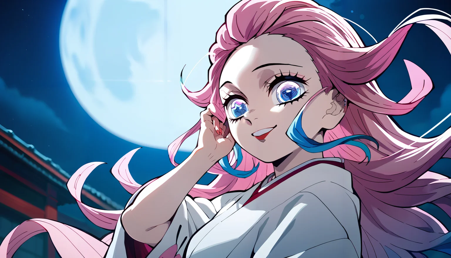 (score_9,score_8_up,score_7_up),
anime screencap, by ufotable,
kimetsu no yaiba, 
solo, solo focus,
night, moon, (from below:0.7),
<lora:ufotable_lora_pony:1>
BREAK
1girl, 
long hair, (multicolored hair, two-tone hair:1.2), pink hair, blue hair, floating hair,
blue eyes, text in eyes, 
light smile,
kimono,
hand in own hair, looking at viewer,