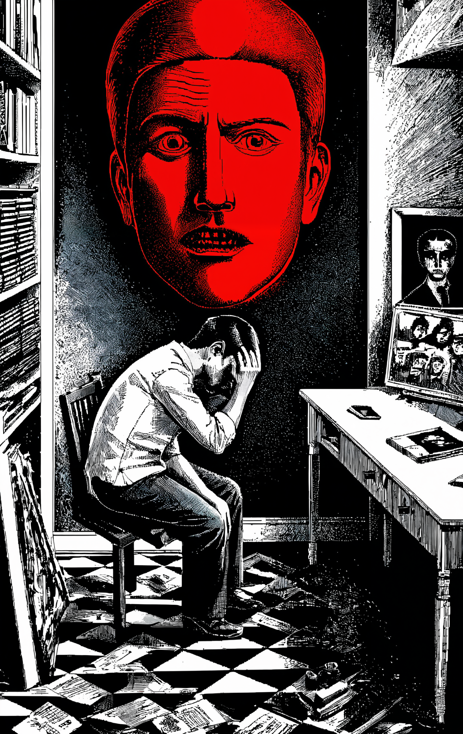 1boy, Uno Moralez, index colors, monochrome, surrealism, transgressive art, red color, room, wolf with human head, <lora:ZEL\Uno_Moralez_v.1.safetensors:0.8:1> <lora:ENCHANCE\XL_lora_offset_02.safetensors:0.3:1> <lora:ENCHANCE\add-detail-xl.safetensors:0.6:1>