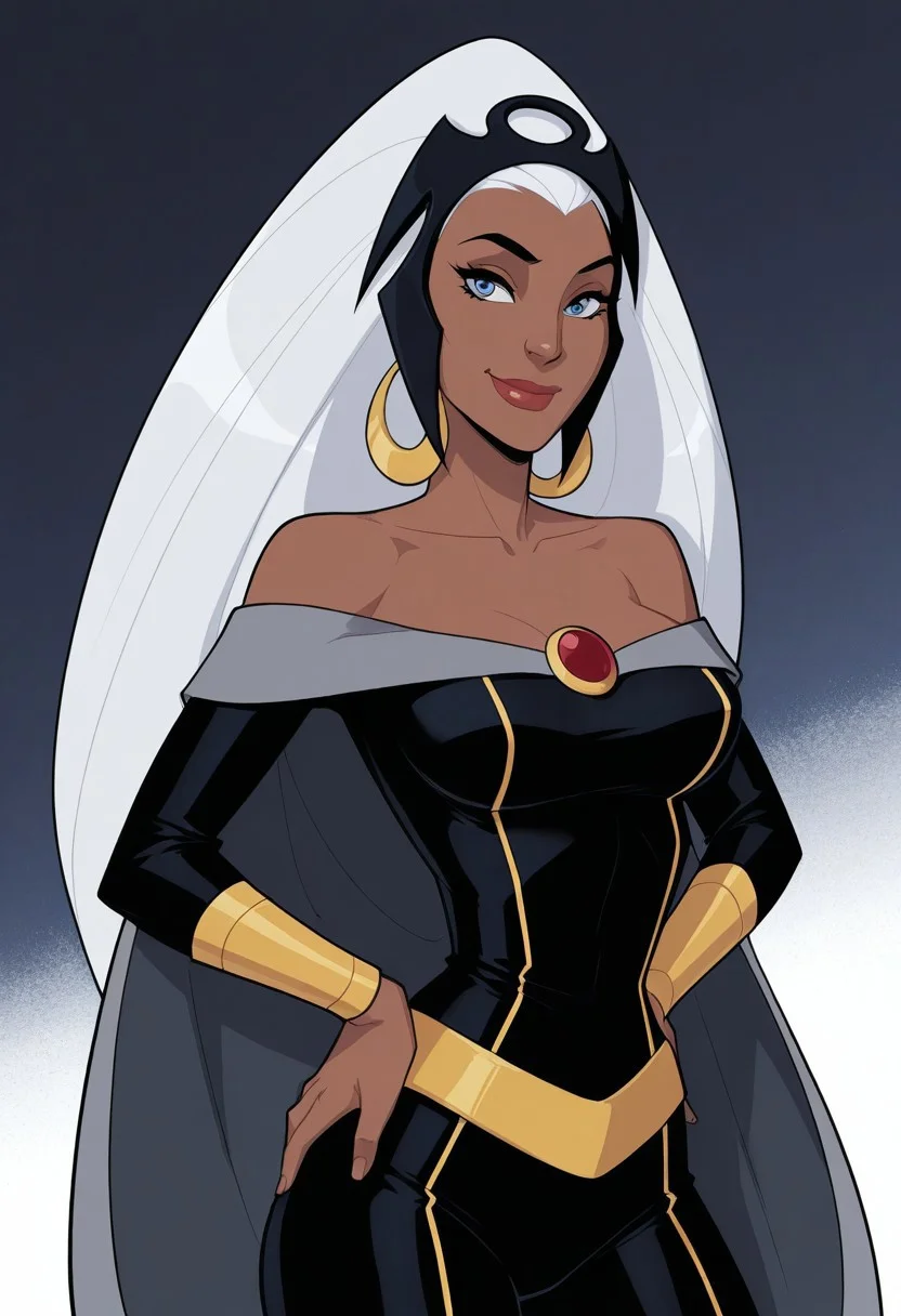 White background, simple background, solid color background, 2d, medium breasts, narrow waist, wide hips,
1girl, solo, Marvel, Ororo Munroe, dark-skinned female, dark skin, ebony, ebony female, white hair, long hair, big hair, black tiara, headgear, blue eyes, hoop earrings, gold earrings, lipstick, collarbone, off shoulders, bare shoulders, pendent, grey cape, dark blue bodysuit, yellow trim, yellow belt, gold bracers, bare hands,
Upper body, looking at viewer, hands on hips, smile, close mouth, thighs, yellow trim