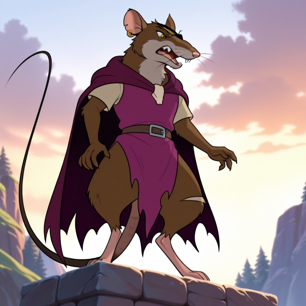 masterpiece, best quality, amazing quality, ClunyRWil, semi-anthro, male, rat, brown fur, jewelry, earring, yellow eyes, purple cloak,  belt, purple tunic, short sleeves, torn clothes, eye patch, standing, outside, solo, , <lora:e5d3bb48-dffa-4015-98c5-e4438b4be0d8:0.7>