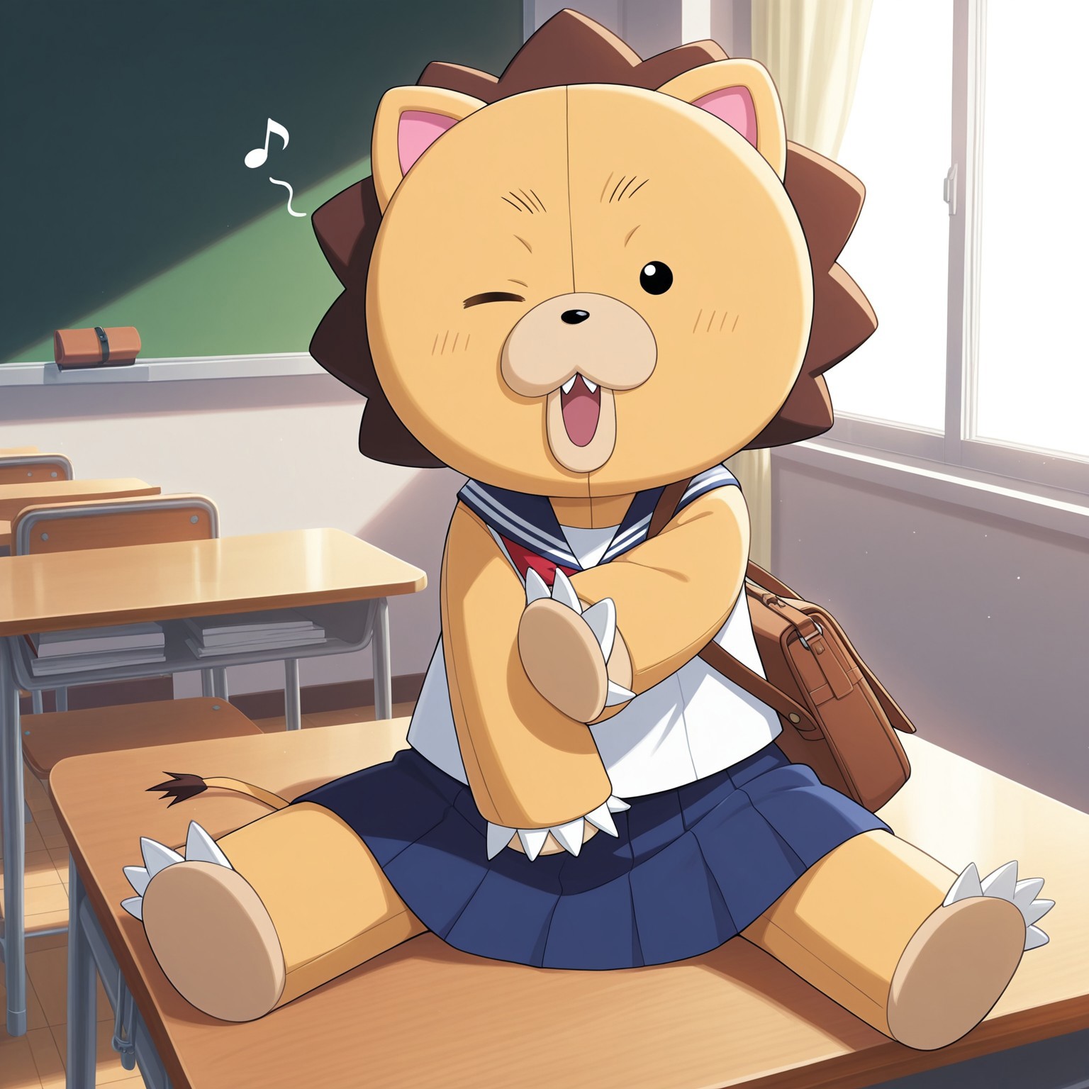 2d, 1boy, solo, male, Kon, no sclera, dot eyes, black eyes, yellow body, Lion, animal ears, pink inner ears, tail, plush body, claws, toe claws, black nose, ((serafuku, skirt, sleeveless, barefoot))

BREAK one eye closed, winking, indoors, classroom, looking at viewer, musical note, brown shoulder bag

BREAK best quality, amazing quality, very aesthetic, absurdres, newest, masterpiece, high quality