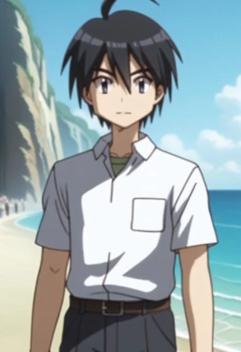 ((masterpiece)), ((best quality)), ((ultra-detailed)), ((absurdres)), score_9_up, score_8_up, score_7_up,
HD, top quality, best quality, amazing quality, High-quality illustrations, anime screencap, source_anime, best aesthetic, perfect proportions, perfect eyes, 1boy, 1male, solo boy, solo male, male focus, solo male focus, Anime, boy, male anime character, anime boy, handsome, cute, charming, Nagasumi Michishio, black hair, ahoge, black-gray eyes, white polo shirt, short sleeves, tucked in shirt, belt, black pants, ((cowboy shot, head to hips shot)), ((short body, short height)), ((facing front, front view)), ((coastline, shore)), easynegative, updn, Expressiveh, masterpiece, best quality, very aesthetic, absurdres