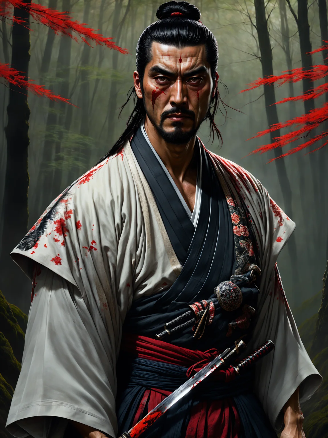 1man, samurai wearing intricately embroidered kimono, upper body, hardened veins, manbun, sword, bloody cloth, blood on face, somber expression, detailed cloth folds, detailed face and hair, dark forest scene, nature, side view, photoreal painting <lora:stylesqueeze_v2_xl:1>