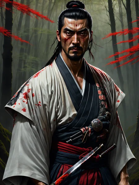 1man, samurai wearing intricately embroidered kimono, upper body, hardened veins, manbun, sword, bloody cloth, blood on face, somber expression, detailed cloth folds, detailed face and hair, dark forest scene, nature, side view, photoreal painting <lora:stylesqueeze_v2_xl:1>