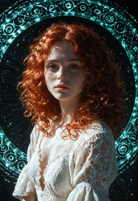 score_9, score_8_up, score_7_up, Expressiveh, EYESHD, dutch angle, 1girl, young woman, redhead, messy and curly hair, dreamboat face, green eyes, textured skin, wool high-low skirt, black background, textured background, glowing circle on background, Expressiveh, EYESHD, dutch angle, 1girl, young woman, redhead, messy and curly hair, dreamboat face, green eyes, textured skin, wool high-low skirt, black background, textured background, glowing circle on background, full coherent, symmetry, dramatic light, focused, extremely detailed, elegant, intricate, highly saturated colors