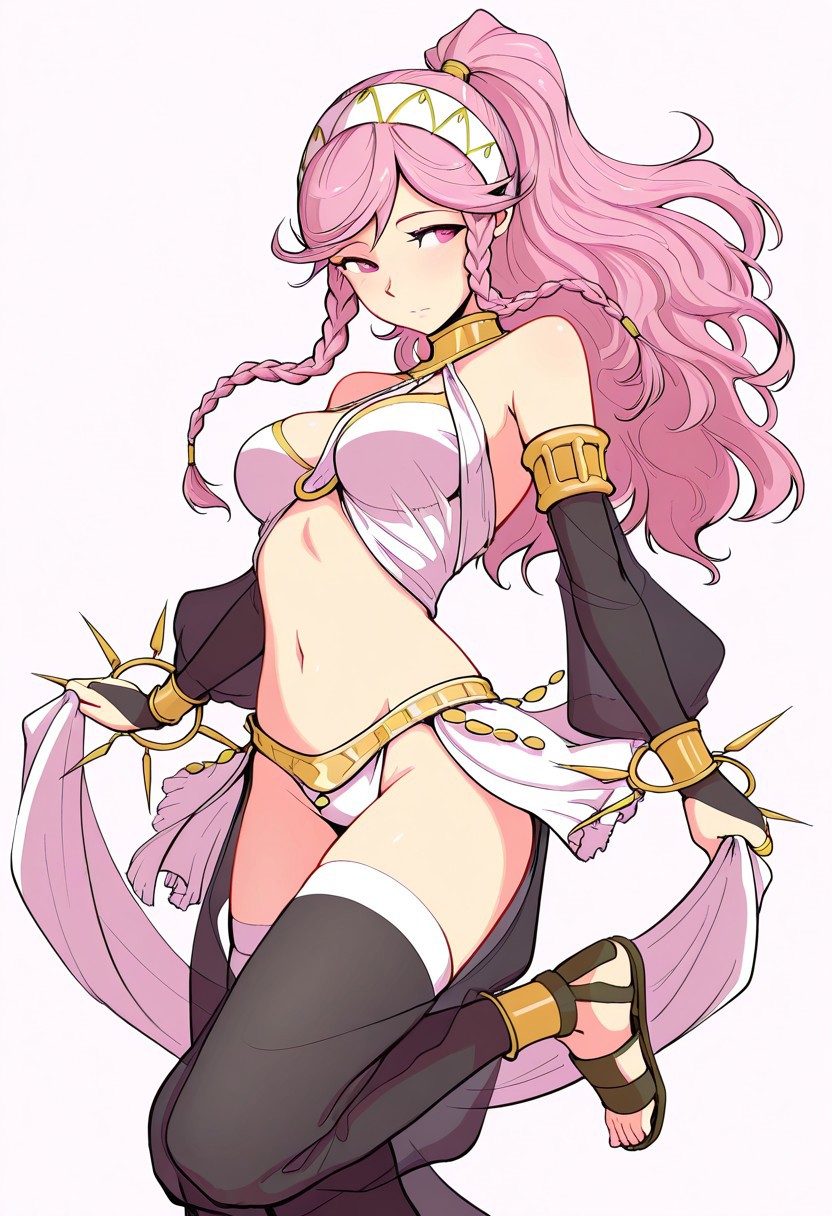 masterpiece, best quality, crimsonj-girl.fightil, , , 
  1girl, Olivia, pink hair, long hair, braid, twin braids, side braid, ponytail, hairband, pink eyes, medium breasts, dancer, midriff, bare shoulders, bridal gauntlets, navel, sandals, thighhighs
upper body,
simple background , perfect anatomy