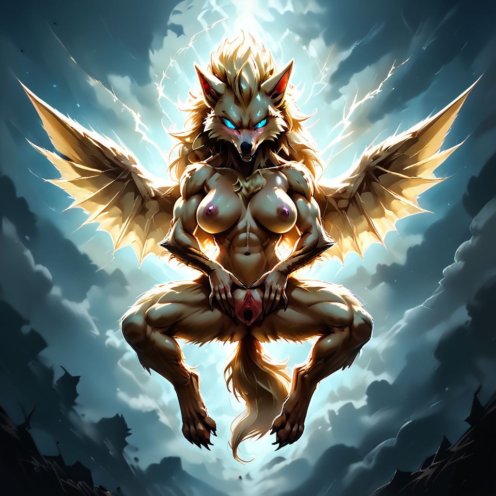 SCORE_9, SCORE_8_UP, SOURCE_FURRY, Expressiveh,  SSWW, BLUE EYES, GLOWING EYES, GOLDEN ELECTRICITY, SUPER SAIYAN, FEMALE-WEREWOLF, ANTHRO FURRY, DETAILED FANGS, LONG HAIR, FLYING, WINGS, HUGE TITS, PERKY NIPPLES, BLUSHING, SPREADING PUSSY, TAIL, BREAK, HIGH RES, ANTIALIASING, VIVID TEXTURE, DETAILED BLACK PUPILS, HIGH IN THE CLOUDS, BLUESKY, DAYLIGHT, DISTANT SUNLIGHT