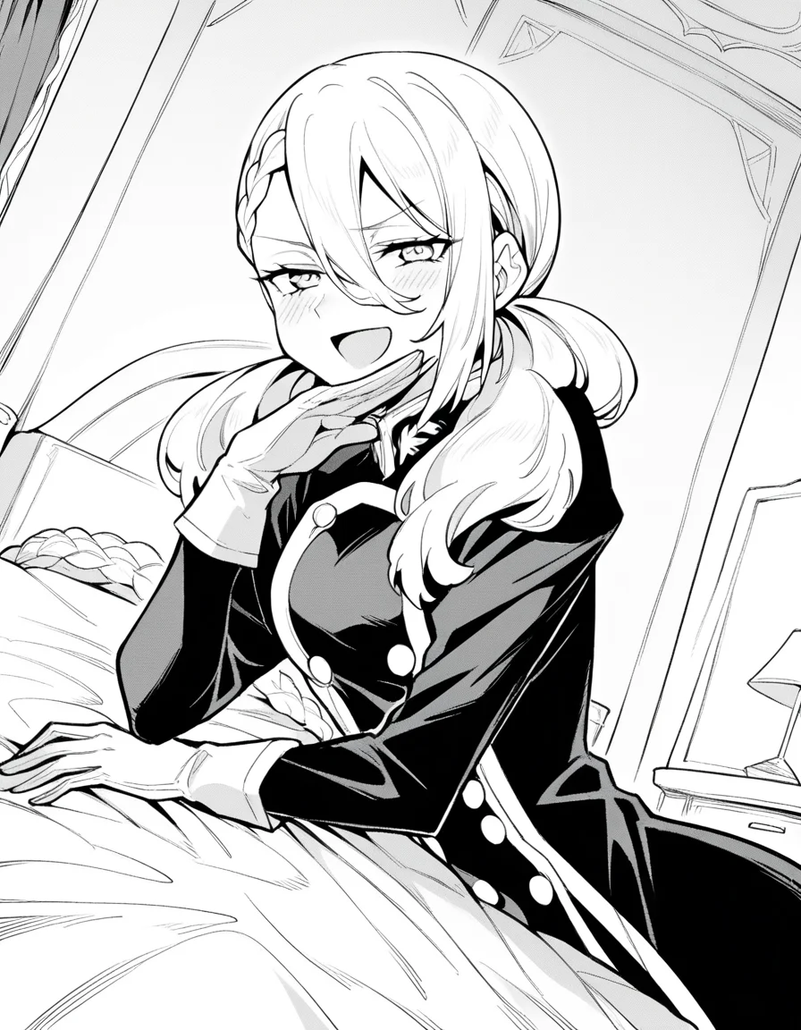 score_9, score_8_up, score_7_up, source_anime, <lora:varvara-pilipenko-manga-ponyxl-lora-nochekaiser:1>, varvara pilipenko, greyscale, monochrome, long hair, hair between eyes, braid, twintails,, gloves, uniform, military, military uniform, indoors, bed, bedroom, on side, blush, drunk, , <lora:ojou-sama-pose-ponyxl-lora-nochekaiser:1>, ojou-sama pose, laughing, smug, hand to own mouth, open mouth,, looking at viewer, solo,, dutch angle, cowboy shot
