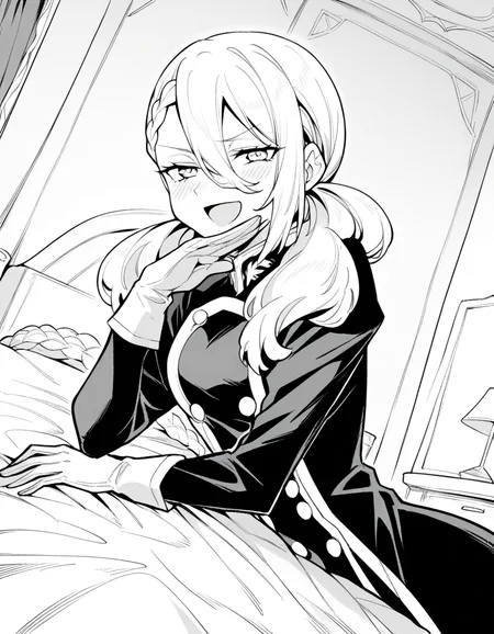 score_9, score_8_up, score_7_up, source_anime, <lora:varvara-pilipenko-manga-ponyxl-lora-nochekaiser:1>, varvara pilipenko, greyscale, monochrome, long hair, hair between eyes, braid, twintails,, gloves, uniform, military, military uniform, indoors, bed, bedroom, on side, blush, drunk, , <lora:ojou-sama-pose-ponyxl-lora-nochekaiser:1>, ojou-sama pose, laughing, smug, hand to own mouth, open mouth,, looking at viewer, solo,, dutch angle, cowboy shot