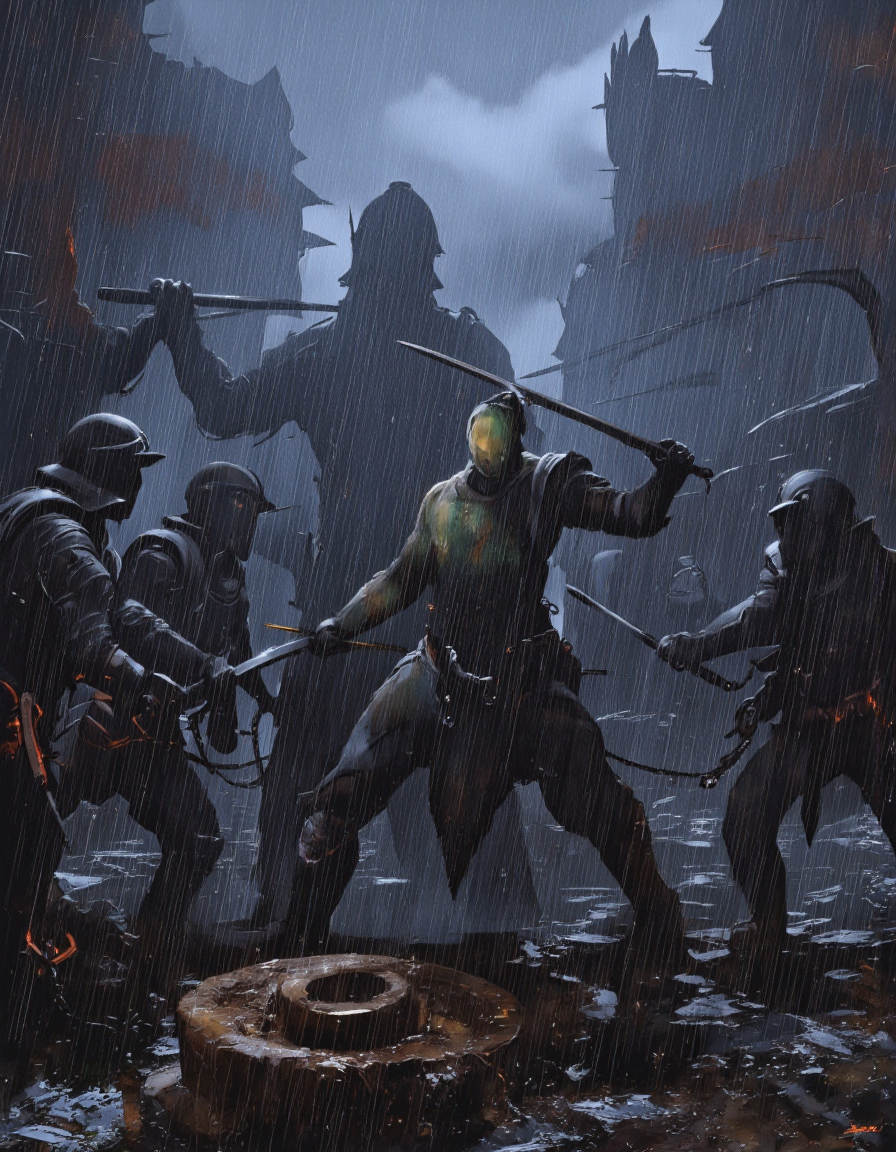 Art by Alejandro Burdisio. A digital illustration shoot from a front camera angle about a dramatic scene depicting a fierce battle scene during a rainy night. the scene is set in a post-apocalyptic cityscape, with heavy rain pouring down heavily, creating a dramatic atmosphere. in the foreground, a muscular, green-skinned warrior stands in the middle of the image, facing the viewer with a determined expression, holding a sword in his right hand. he appears to be in his mid-twenties, wearing full armor and a helmet, and is surrounded by a group of other soldiers in similar uniforms, all engaged in a battle. behind him, another warrior is silhouetted against the stormy atmosphere, wielding a sword and facing away from the viewer, while his left hand is positioned in a defensive stance, ready to strike. the soldiers are positioned on either side of him, with chains visible in the background, adding to the sense of tension and intensity in the scene. the overall mood is intense and dramatic, with a sense of battle and intensity, and the dark, moody atmosphere is further enhanced by the dramatic lighting.