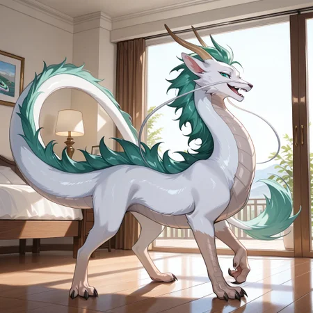 1boy, highres, absurdres, newest, masterpiece, best quality, furry, furry_male, haku_sa, eastern dragon, white fur, white underbelly, green mane, horns, tail, claws, long white whisker, green eyes, (feral, quadruped:1.1), detailed eyes, standing, open_mouth, open mouth smile, luxurious detailed room, bright room, day scene, professional lighting, solo, bedroom, smiling, seductive, looking_at_viewer, masterpiece, close up, safe