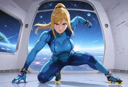 takeda hiromitsu style, source_anime, anime screencap, uncensored, dynamic angle, dynamic view, takeda hiromitsu style, dynamic pose, foreshortening, extreme perspective,
sole female, solo, 1girl, samus aran, blonde hair, swept bangs, long hair, ponytail, mole under left lip, turquoise eyes, zero suite, blue body suit, blue gloves, metal bracelets, sagging breasts, medium breasts, skintight, fully dressed, action pose, dynamic pose, determined, superhero landing, dynamic pose, holding gun, complex background, detailed background, inside giant spacecraft, outer space in window, multiple galaxies in the background, giant view of space, giant window with a view of space, view of planets, view of stars, depth of field, blurry background, volumetric lighting, back lighting, side lighting, 3 point lighting, reflective floor, glossy floor, reflective interior,
<lora:takeda_hiromitsu_style_xl_goofy:1.0>, <lora:DynamicPose_alpha1.0_rank4_noxattn_100steps:3.0>, <lora:Superhero_landing:0.5>