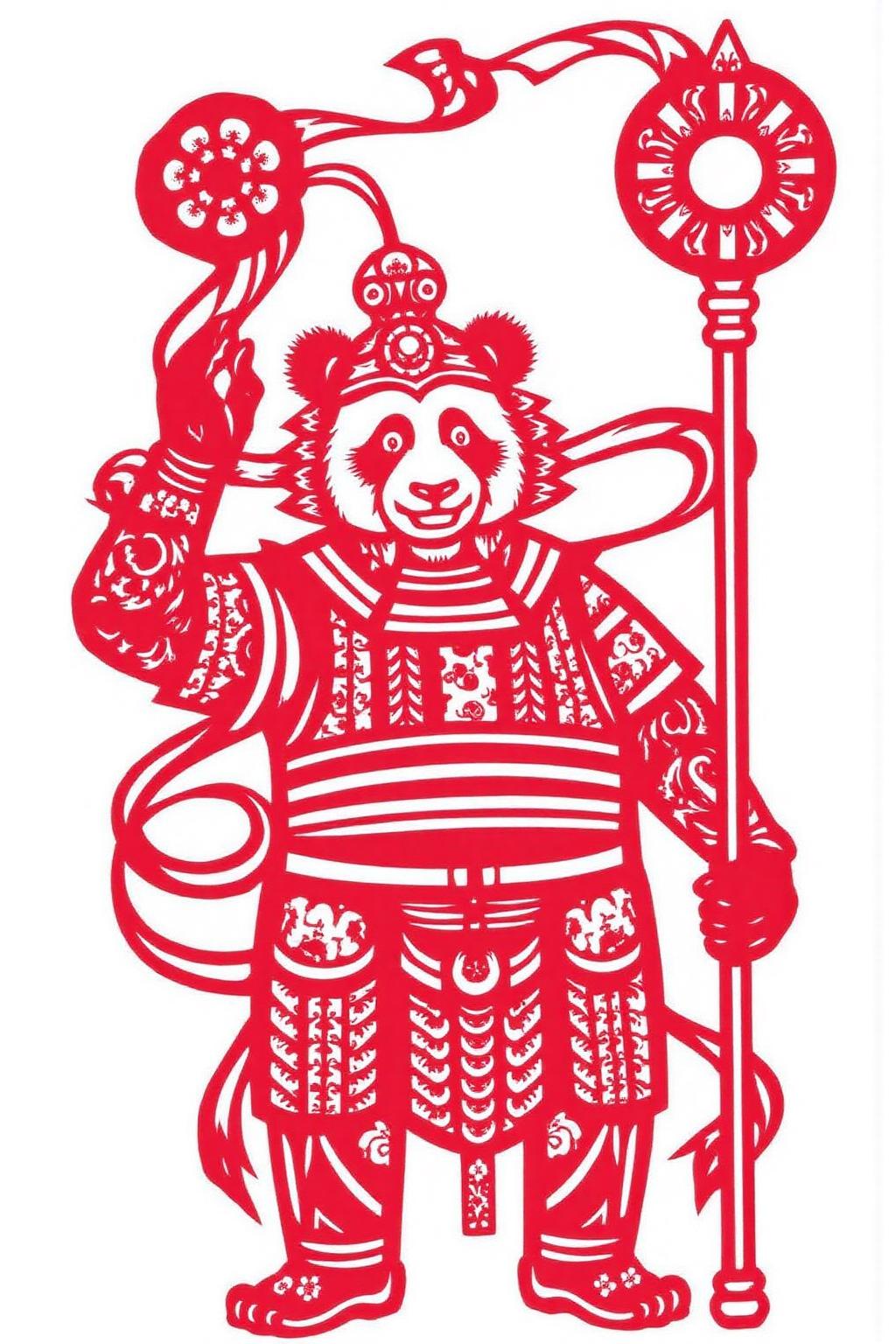 papercut art of a panda stands upright, wearing elaborate traditional Chinese armor and holding a long staff with a circular adornment at the top, symbolizing authority or power. <lora:papercut1_cap_d6a3e12:1.0><lora:823252687266221815:0>
