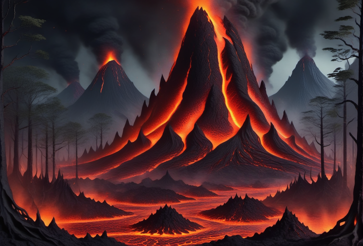 <lora:World_of_Brimstone_XL:1> worldofbrimstone, scifi,  forest with mountains and lava,