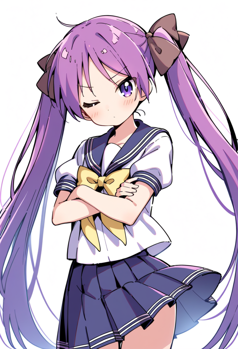 hiiragi kagami, 1girl, solo,school uniform, skirt, ryouou school uniform, long hair, serafuku, one eye closed, twintails, blue skirt, purple hair, sailor collar, looking at viewer, pleated skirt, short sleeves, white shirt, crossed arms, bow, shirt, blue eyes, closed mouth, from side, yellow bow, hair bow, purple eyes, bangs, cowboy shot, blue sailor collar, puffy sleeves, yellow neckerchief, very long hair, puffy short sleeves,white background, 
<lora:Luckystar A31 e1-000009:0.65>