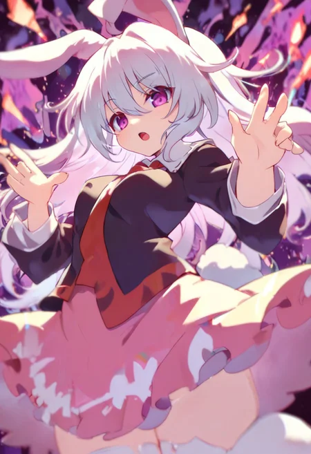 touhou, reisen udongein inaba, solo, 1girl, animal ears, breasts, finger gun, fingernails, hair between eyes, black jacket, long hair, long sleeves, medium breasts, teeth, looking at viewer,( necktie: 1.0), open mouth, purple eyes, rabbit ears, rabbit girl, rabbit tail, (skirt: 1.0), solo, tail,( thighhighs: 1.0), zettai ryouiki,( dynamic pose: 1.1), dramatic lighting,( foreshortening: 1.0), white hair,( red necktie: 1.0), pink skirt, purple light, Zankuro, masterpiece, best quality, very aesthetic, absurdres, Alphonse Mucha Style page, Tarot Card Style
