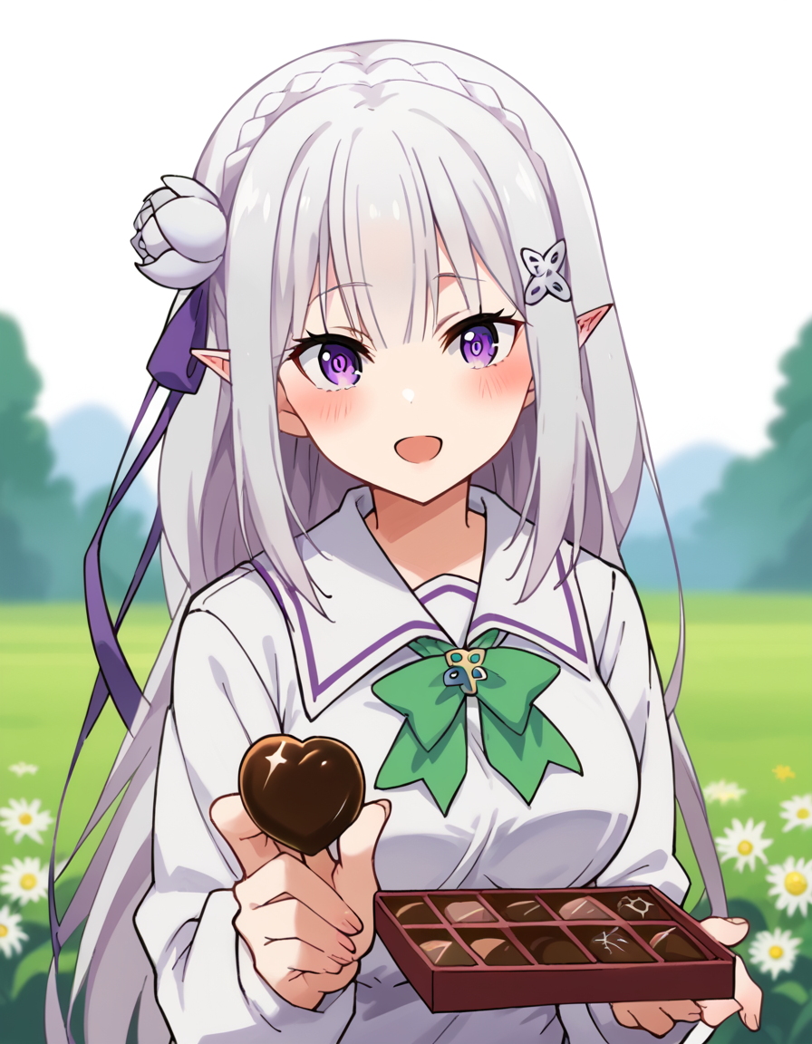 score_9, score_8_up, score_7_up, source_anime, <lora:rezero-emilia-s1s2-ponyxl-lora-nochekaiser:1>, emilia, braid, crown braid, flower, hair flower, hair ornament, hair ribbon, long hair, pointy ears, purple eyes, white hair, x hair ornament, medium breasts,, <lora:incoming-chocolate-ponyxl-lora-nochekaiser:1> incoming food, chocolate, holding, holding chocolate, holding food, food, looking at viewer, open mouth, blush, smile, school uniform,, ,