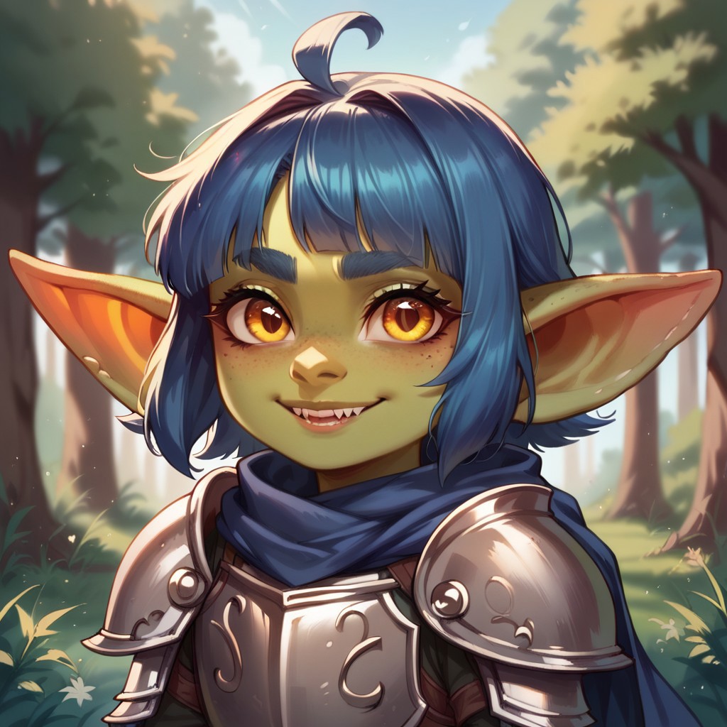 (((detailed, beautiful, high quality))), score_9, score_8_up, score_7_up, solo, 
1girl, female focus, dndg0blin, g0b armor, g0b cape, shortstack,
looking at the viewer, posing, smile,
blurred background, fantasy background,
