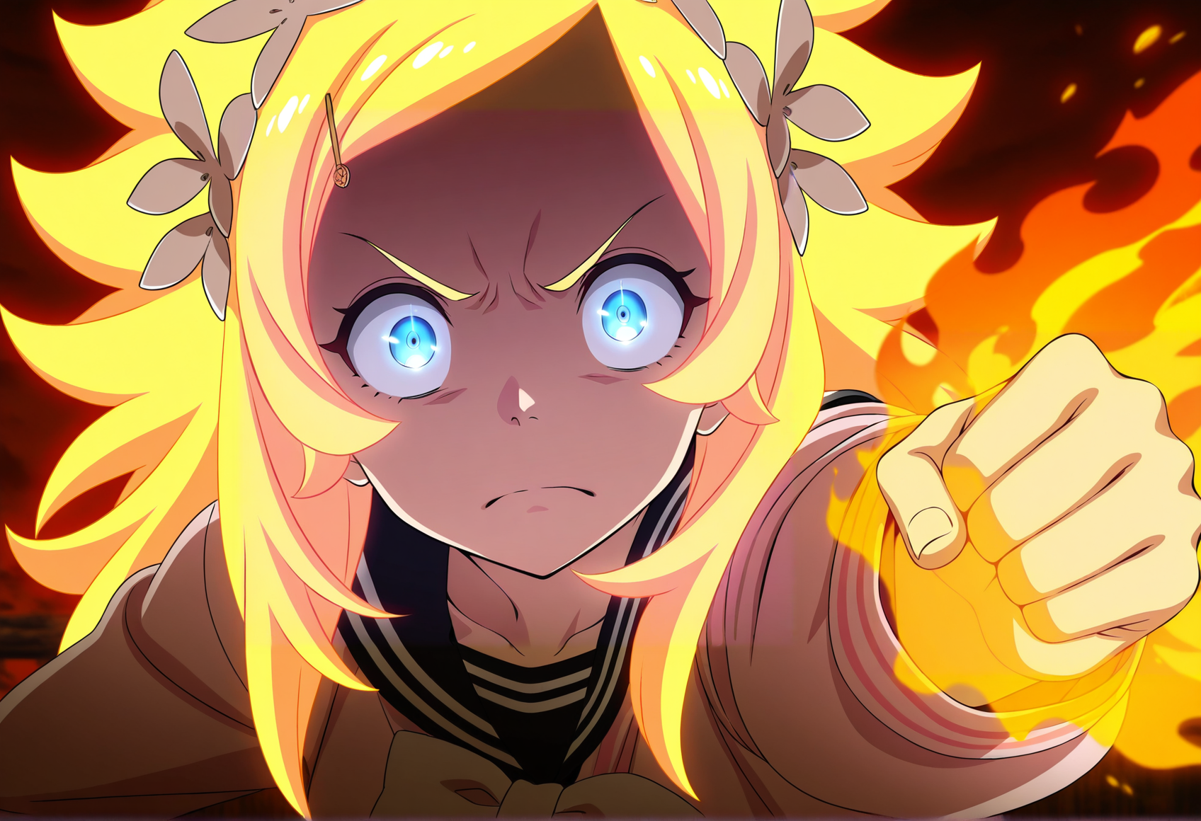 anime screencap, anime coloring, anime screenshot, 1girl, blonde hair, long hair, spiked hair, blue eyes, hair ornament, serafuku, pink sweater, flaming punch, incoming punch, glowing eyes, glowing hair, serious, wide-eyed,  <lora:bubuki_blonde:1>, masterpiece, best quality, amazing quality, very aesthetic, absurdres, highres, newest
