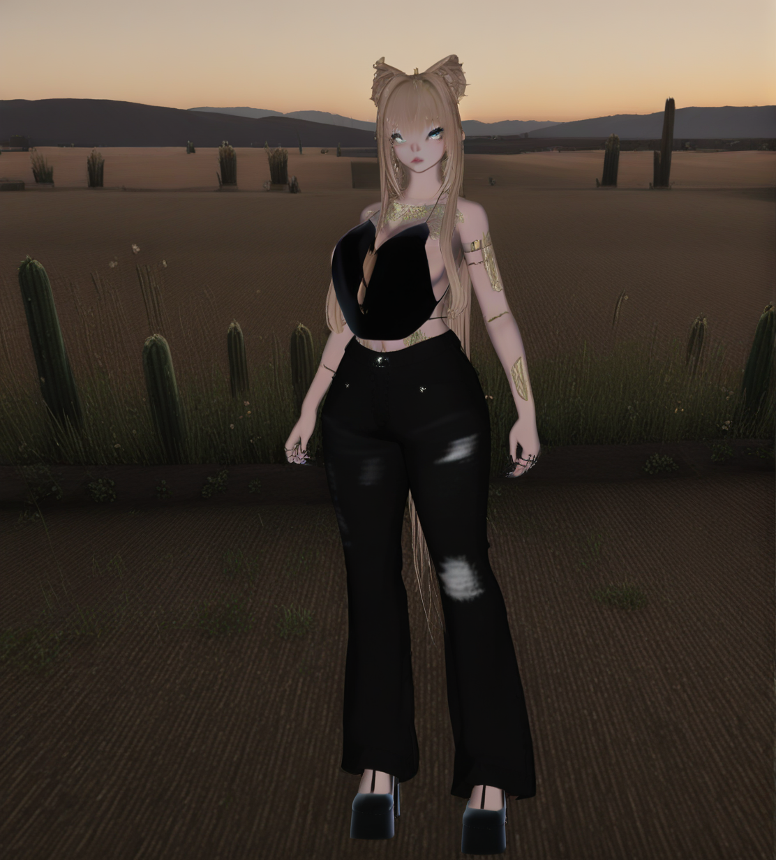 <lora:carmel-000010:1>,1girl, carmel(ori),animal ears,blonde hair,bangs,long sidelocks,long ponytail,body tattoo,black nails,nail polish,grey eyes,
black high heels,black pants,black camisole,sideless shirt,backless outfit,bare shoulders,ring,
huge breasts, 
meadow, wildflowers, grass, rollinghills,looking at viewer, 
desert, dunes, cactus, heat,
very awa, masterpiece, best quality, highres, absurdes,amazing quality,very aesthetic,intricate details, <lora:hand 5.5:1>