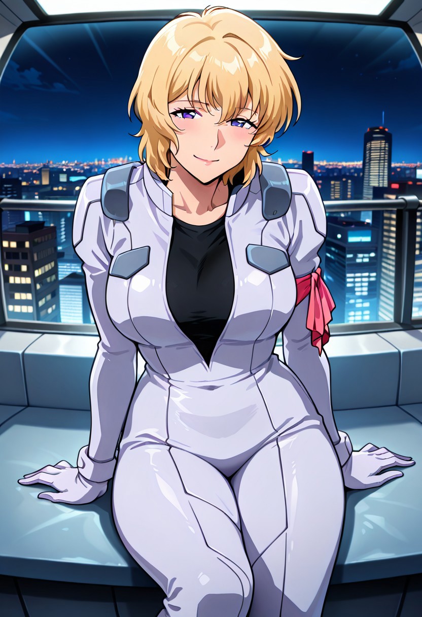 ((masterpiece, absurdres)), best quality, amazing quality, newest, 4k, anime coloring, very aesthetic, ray tracing, Smooth Quality, CG,city view,peggy, 1 mature female, blonde hair, short hair, pilotsuit, black t-shirt, arm ribbon, sitting