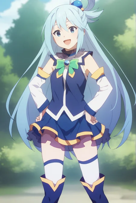 score_9, score_8_up, score_7_up, score_6_up, score_5_up, score_4_up, BREAK source_anime, 1girl, solo,
<lora:AquaXL-v1-07:0.7>, ChopioAqua, blue hair, long hair, very long hair, hair ornament, hair between eyes, blue eyes, looking at viewer,
single hair ring,
outfit_1, white collar, detatched collar, bare shoulders, green bowtie, blue gem, blue shirt, detatched sleeves, white sleeves, blue skirt, miniskirt, see-through, layered skirt, thighhighs under boots, zettai ryouiki, white thighhighs, thigh boots, blue footwear,
outdoors, nature, blue sky,
standing, smile, open mouth, hand on hip,