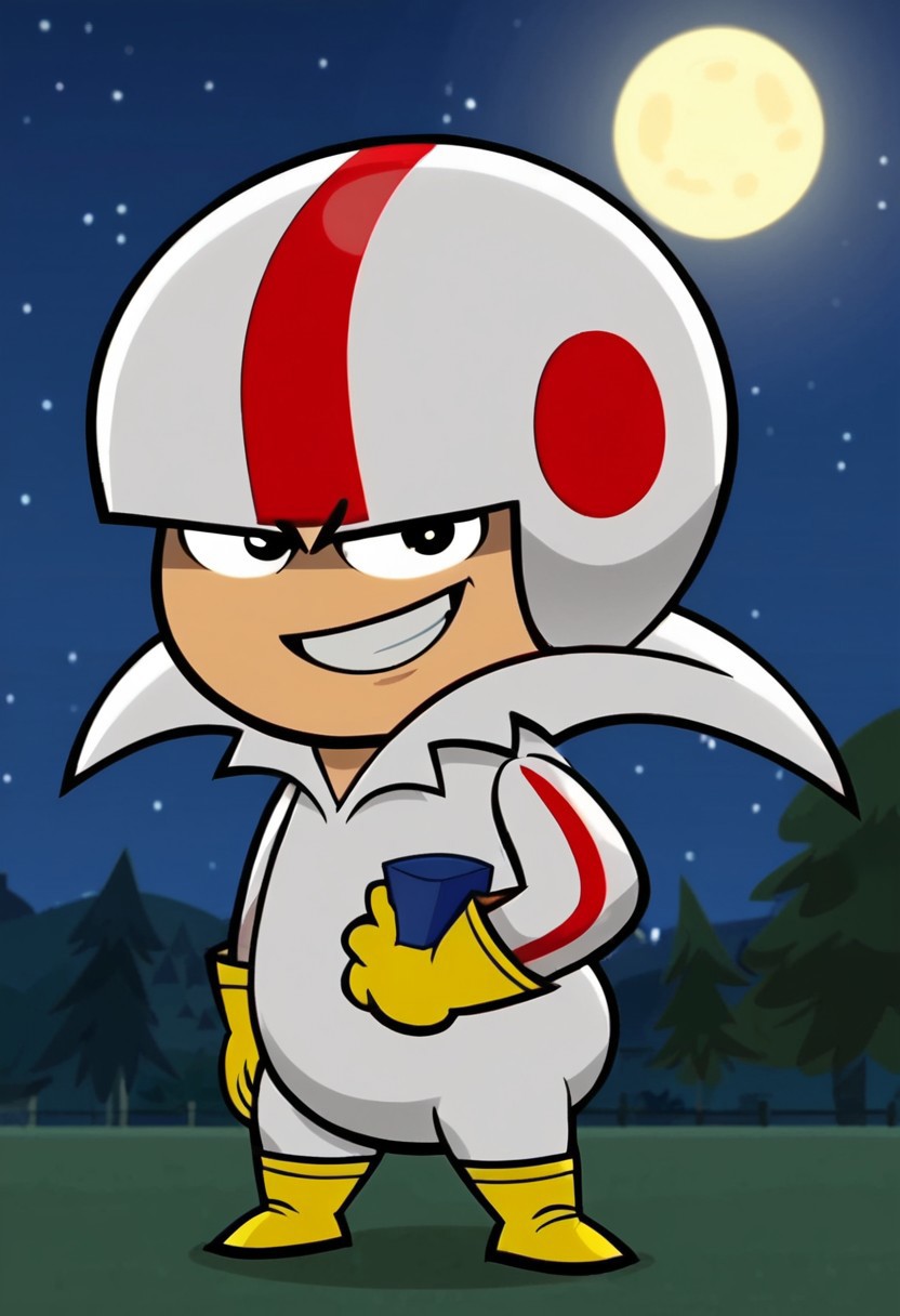 Kick Buttowski, 1boy, solo, white jumpsuit with a single red stripe on each arm, yellow boots, yellow gloves, helmet, short, chibi, big butt, grin, outdoors, night, sky, sky (night), standing, black eyes, looking at viewer