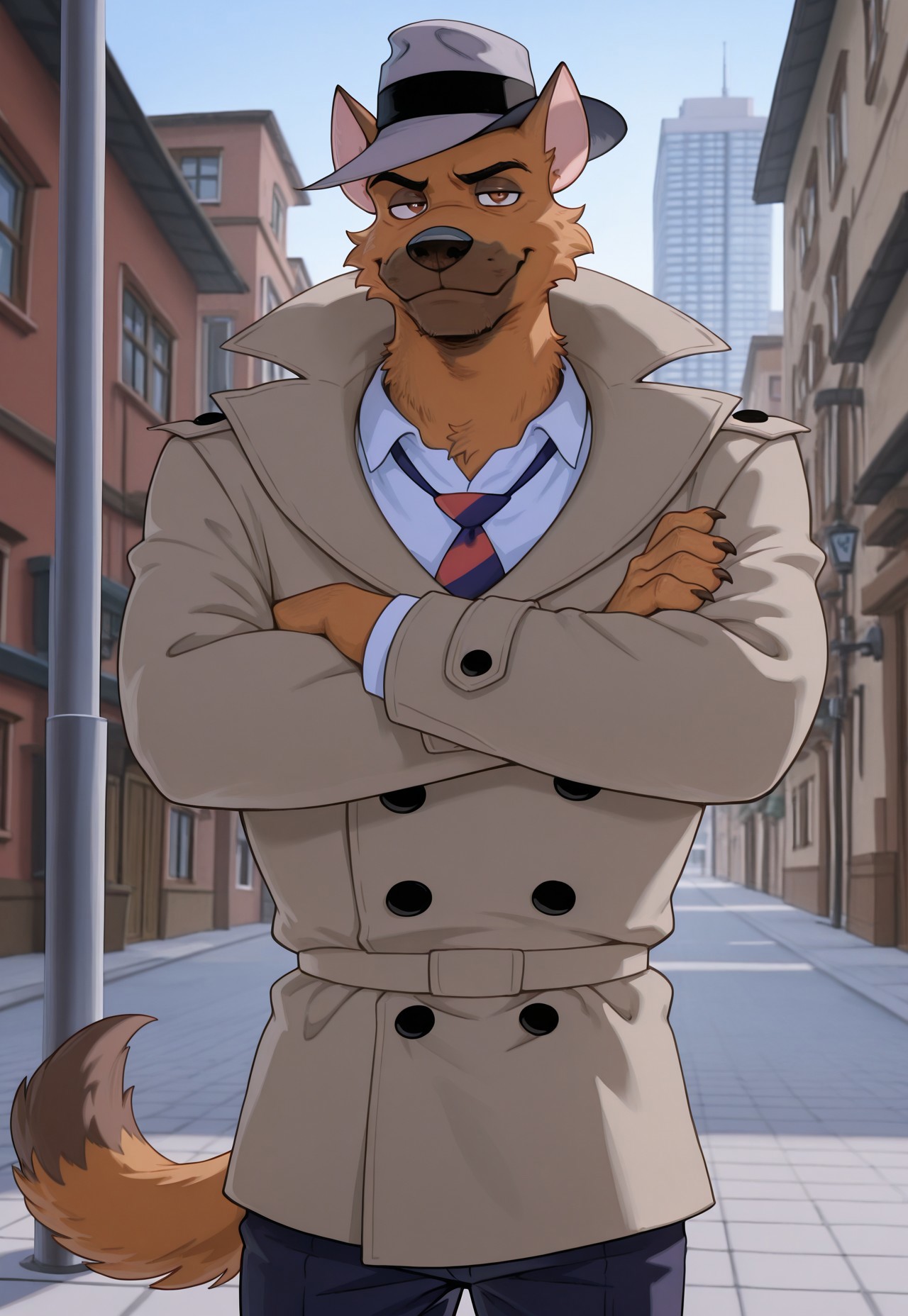 detailed background, cowboy shot, solo, 1boy, adult, (AceHart), german shepherd, solo, 1boy, ((expressive)), ((body movement, hand movement)), outdoors, in city, standing near light pole, back leaned up against surface, slouching, arms crossed, smug, grey hat, white business shirt, tanned coat, black pants, blue tie with red stripes,  brown eyes, big iris, pupils shown, detailed bedroom, brown eyes,  detailed scenery, masterpiece, best quality, very aesthetic, newest, masterpiece, best quality, amazing quality, very aesthetic, absurdres, newest,, high res, ultra detailed, best quality, best artwork, detailed eyes, (eyes focus), perfect eyes, big iris, pupils visible, anthro hands, claws, 4k, ultra quality, perfect face, absurdres,masterpiece,best quality,amazing