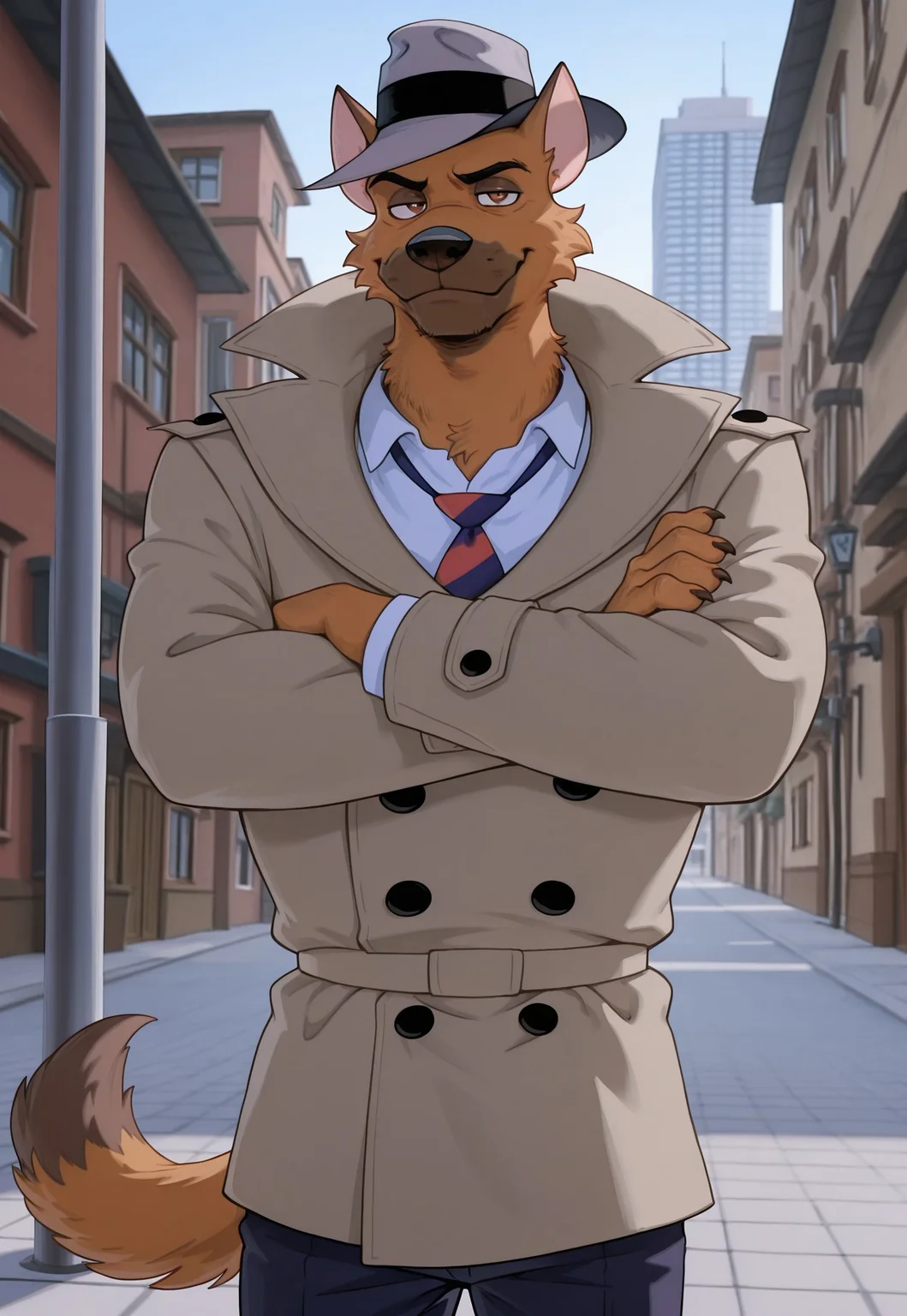 detailed background, cowboy shot, solo, 1boy, adult, (AceHart), german shepherd, solo, 1boy, ((expressive)), ((body movement, hand movement)), outdoors, in city, standing near light pole, back leaned up against surface, slouching, arms crossed, smug, grey hat, white business shirt, tanned coat, black pants, blue tie with red stripes, brown eyes, big iris, pupils shown, detailed bedroom, brown eyes, detailed scenery, masterpiece, best quality, very aesthetic, newest, masterpiece, best quality, amazing quality, very aesthetic, absurdres, newest,, high res, ultra detailed, best quality, best artwork, detailed eyes, (eyes focus), perfect eyes, big iris, pupils visible, anthro hands, claws, 4k, ultra quality, perfect face, absurdres,masterpiece,best quality,amazing