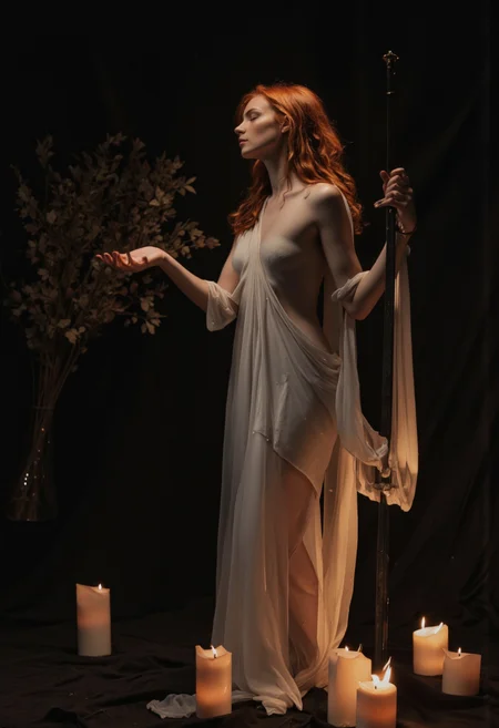 By Phandigrams. A photo-realistic shoot from a profile camera angle about a woman in a flowing white dress holding a sword, standing in the middle of the image. the woman, who appears to be in her early twenties, has long, wavy red hair that falls down her back. she is facing away from the viewer, with her eyes closed and a serene expression on her face. her body is slim and she is wearing a flowing, light-colored dress that is pulled down to her back, revealing her bare shoulders and bare shoulders. her dress is draped elegantly around her body, accentuating her curves. the background is a dark, dimly lit room with a black backdrop, and the lighting is soft and diffused, creating a dramatic effect. in the foreground, there are several lit candles casting a warm glow on the woman's face and body, adding to the serene atmosphere of the scene. the overall mood is peaceful and contemplative, with a sense of calmness and tranquility.