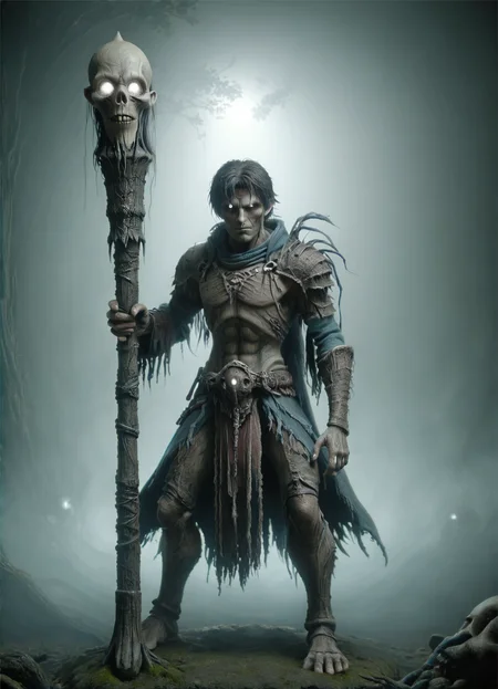 DonMV00d00XL homunculus, male squire, spellblade, staff <lora:DonMV00d00XL:0.9>