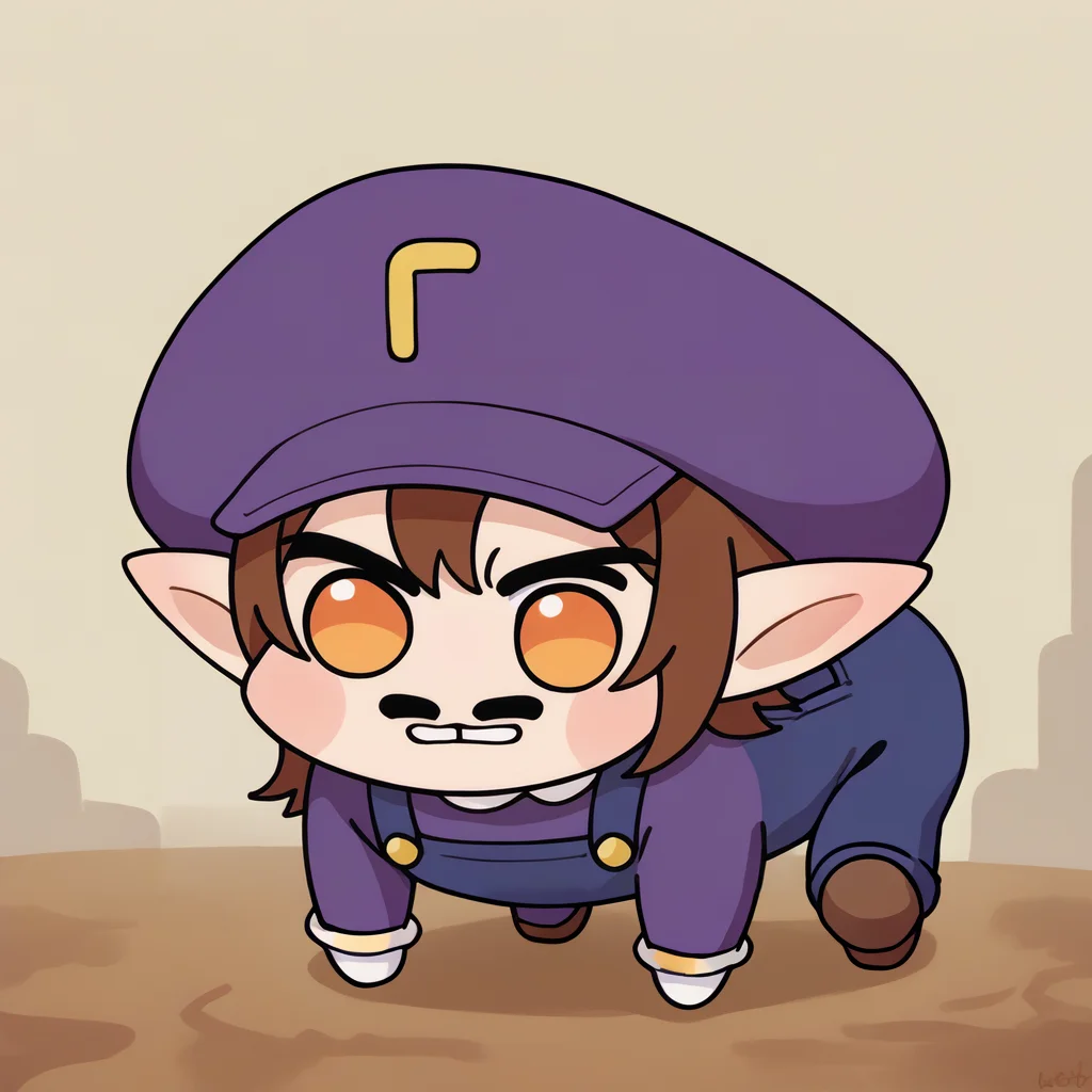 score_9, score_8_up, source_anime, doro, creature, :3, chibi, no humans, four legs, solid circle eyes, no pupils, all fours, 1boy, solo, Waluigi, mustache, teeth, pointy ears, brown hair, hat, purple headwear, purple shirt, long sleeves, overalls, white gloves, brown shoes, <lora:ChamWaluigiPonyXL:1>, <lora:Doro_X_PDXL_V1:1.0>